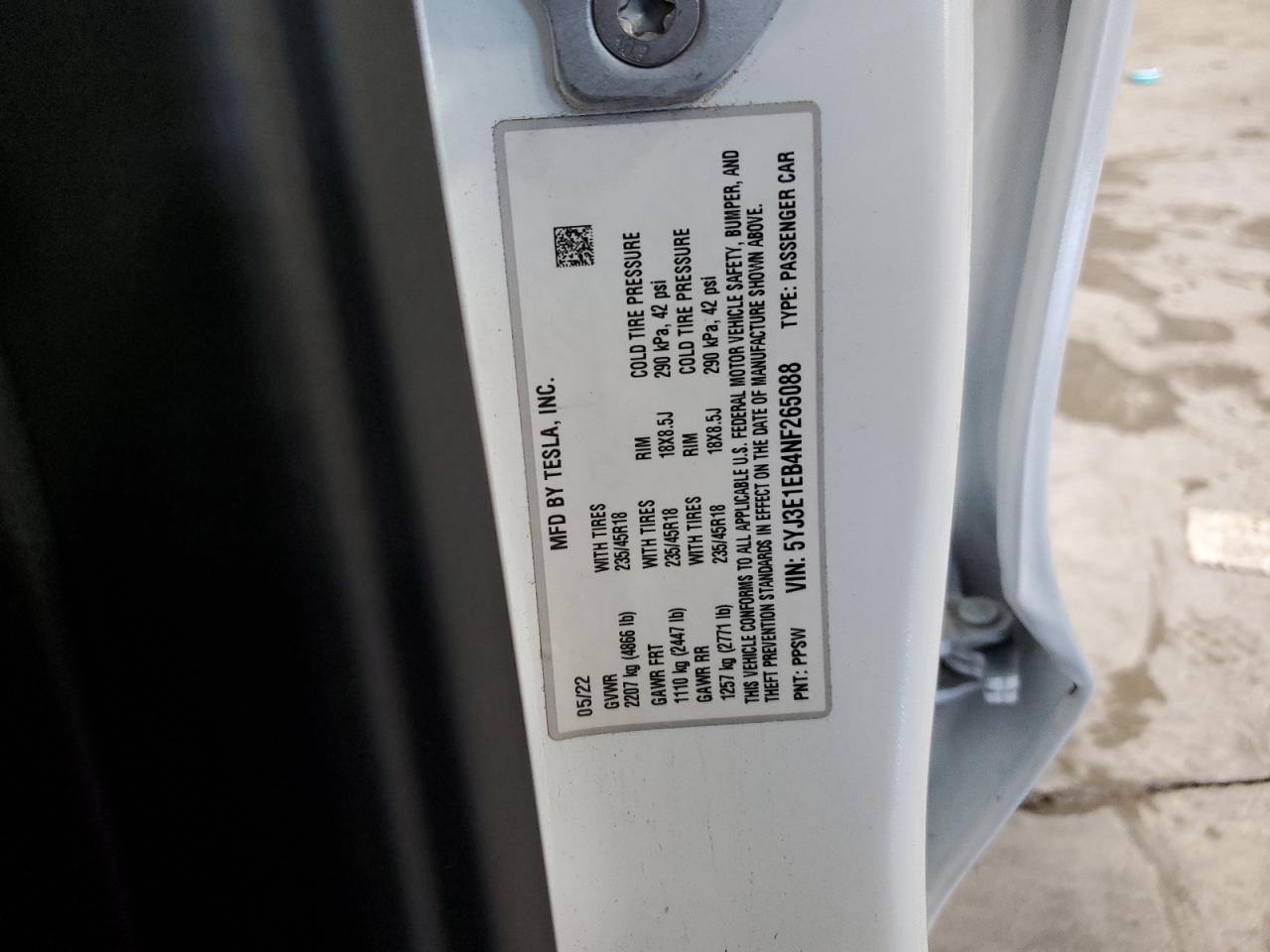 2022 TESLA MODEL 3 VIN:5YJ3E1EB4NF265088