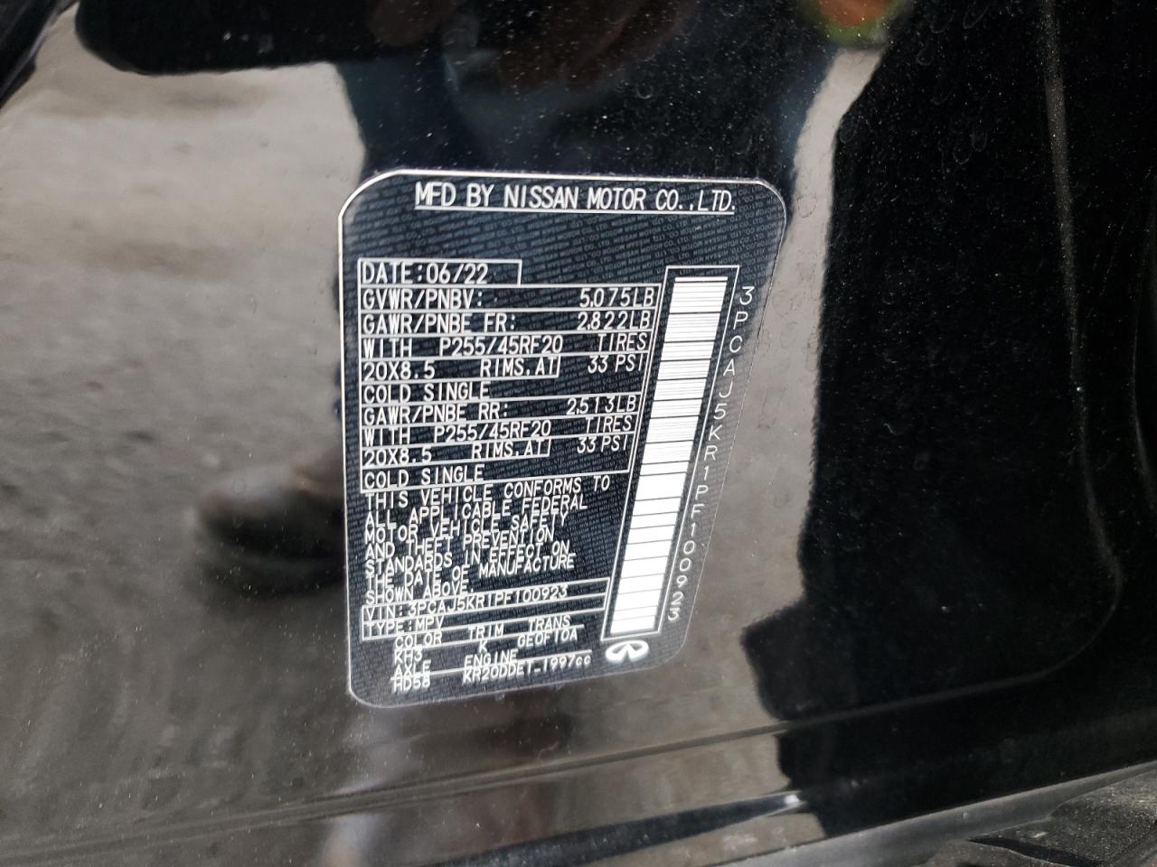 2023 INFINITI QX55 ESSENTIAL VIN:3PCAJ5KR1PF100923