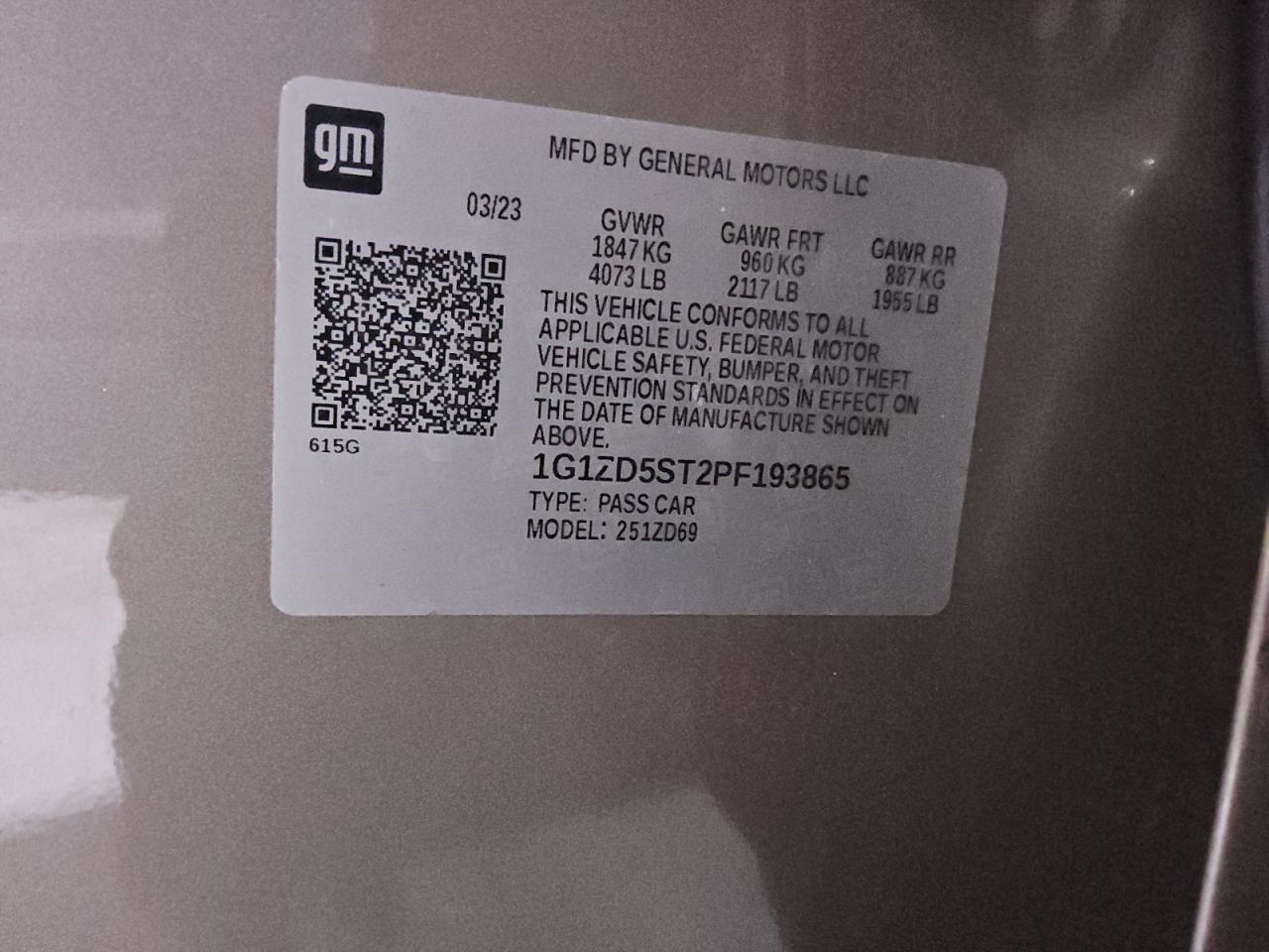 2023 CHEVROLET MALIBU LT VIN:1G1ZD5ST2PF193865