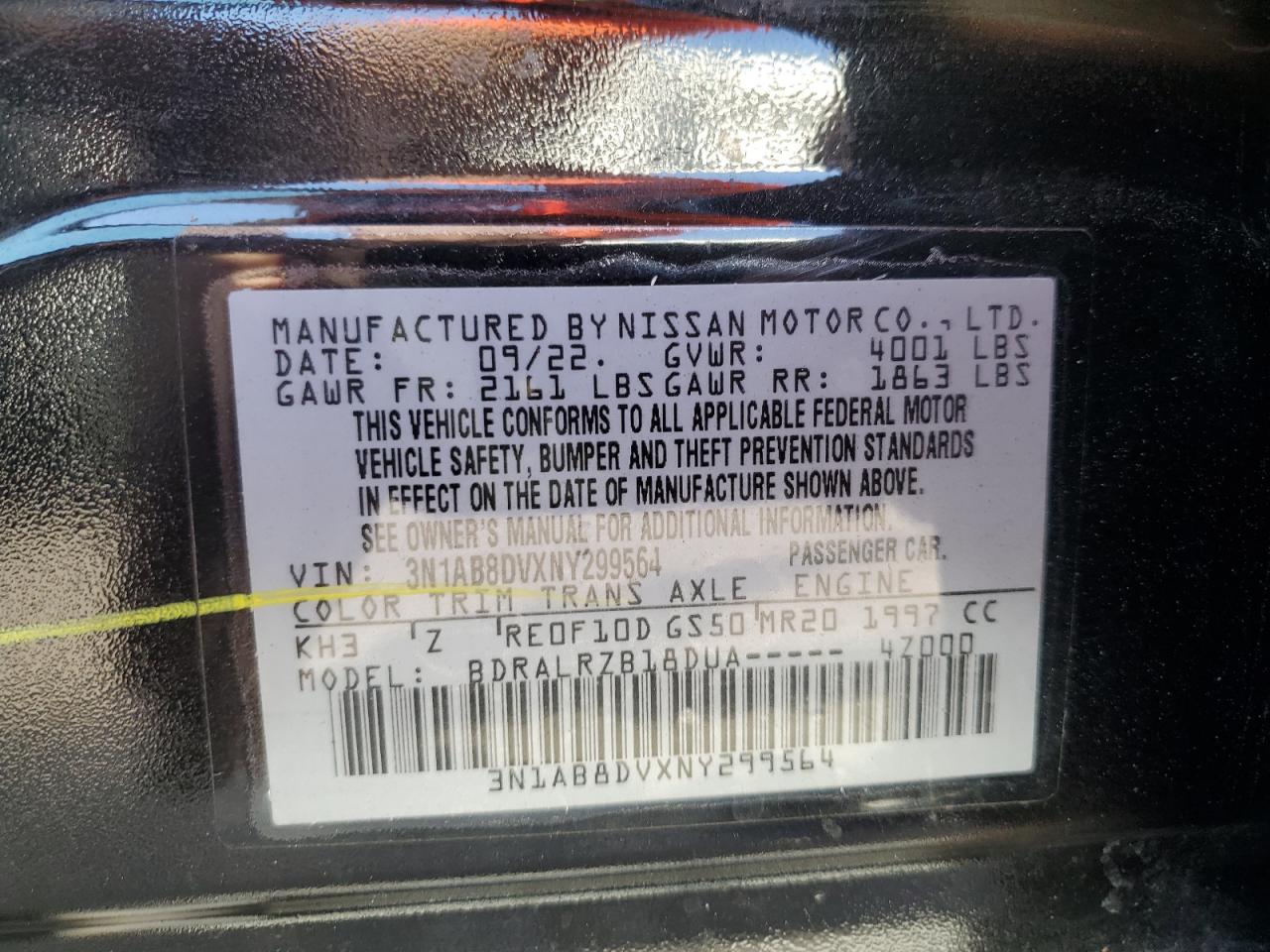 2022 NISSAN SENTRA SR VIN:3N1AB8DVXNY299564