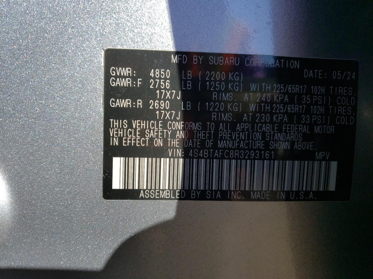 2024 SUBARU OUTBACK PREMIUM VIN:4S4BTAFC8R3293161