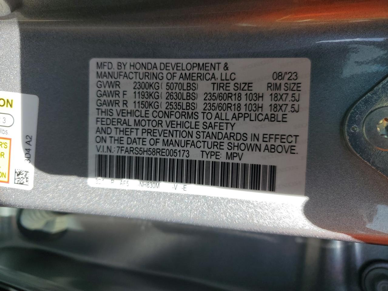 2024 HONDA CR-V SPORT VIN:7FARS5H58RE005173