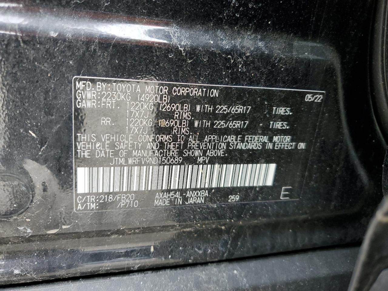 2022 TOYOTA RAV4 LE VIN:JTMLWRFV9ND150689