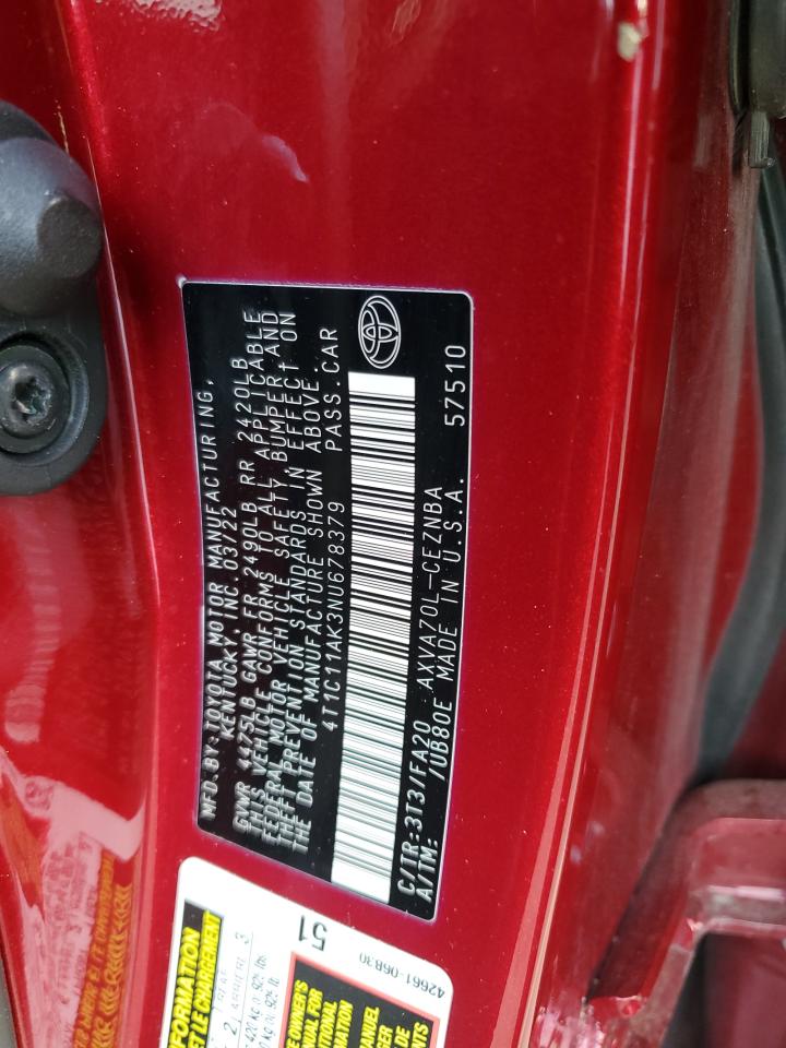 2022 TOYOTA CAMRY LE VIN:4T1C11AK3NU678379