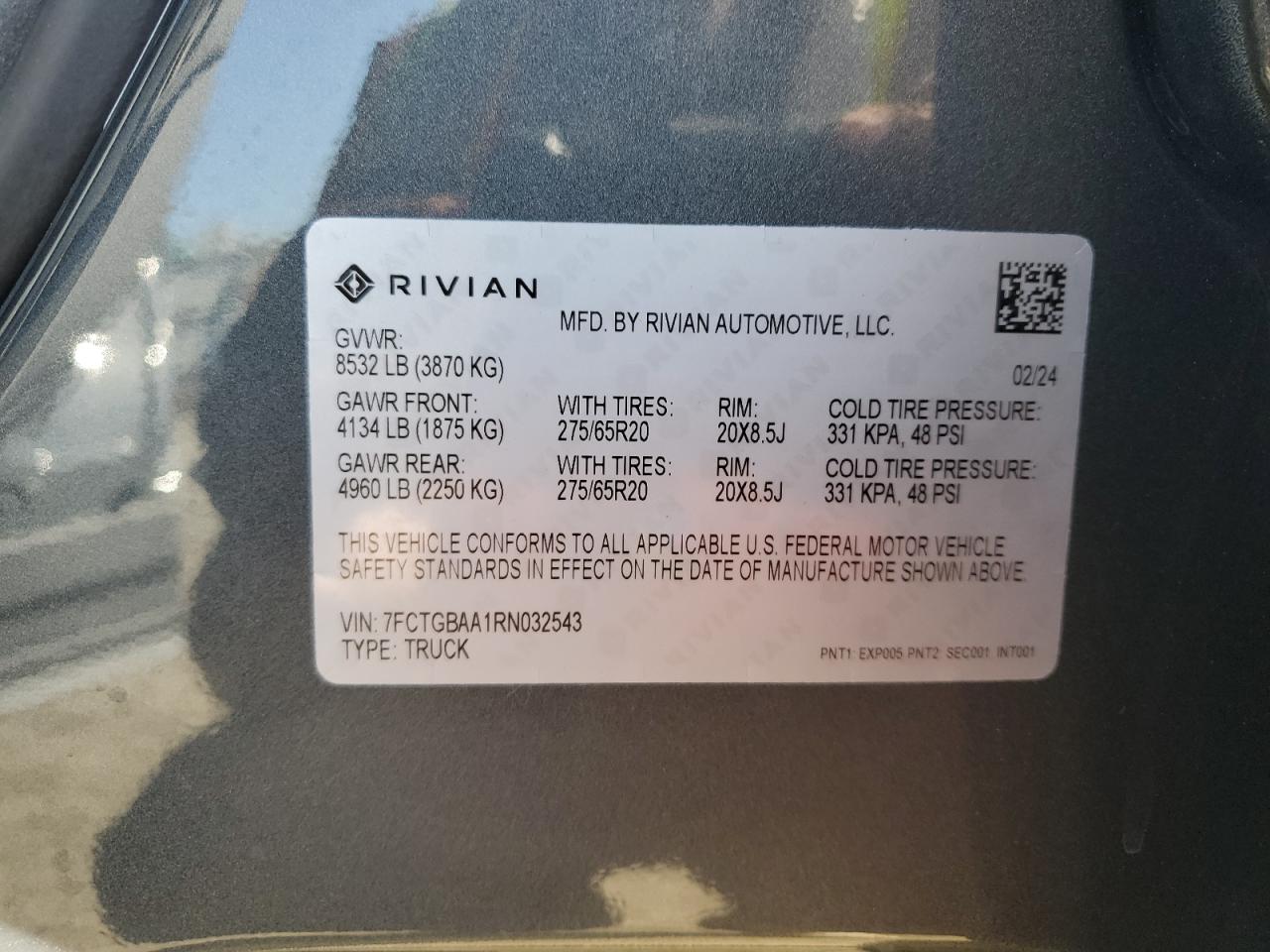 2024 RIVIAN R1T ADVENTURE VIN:7FCTGBAA1RN032543