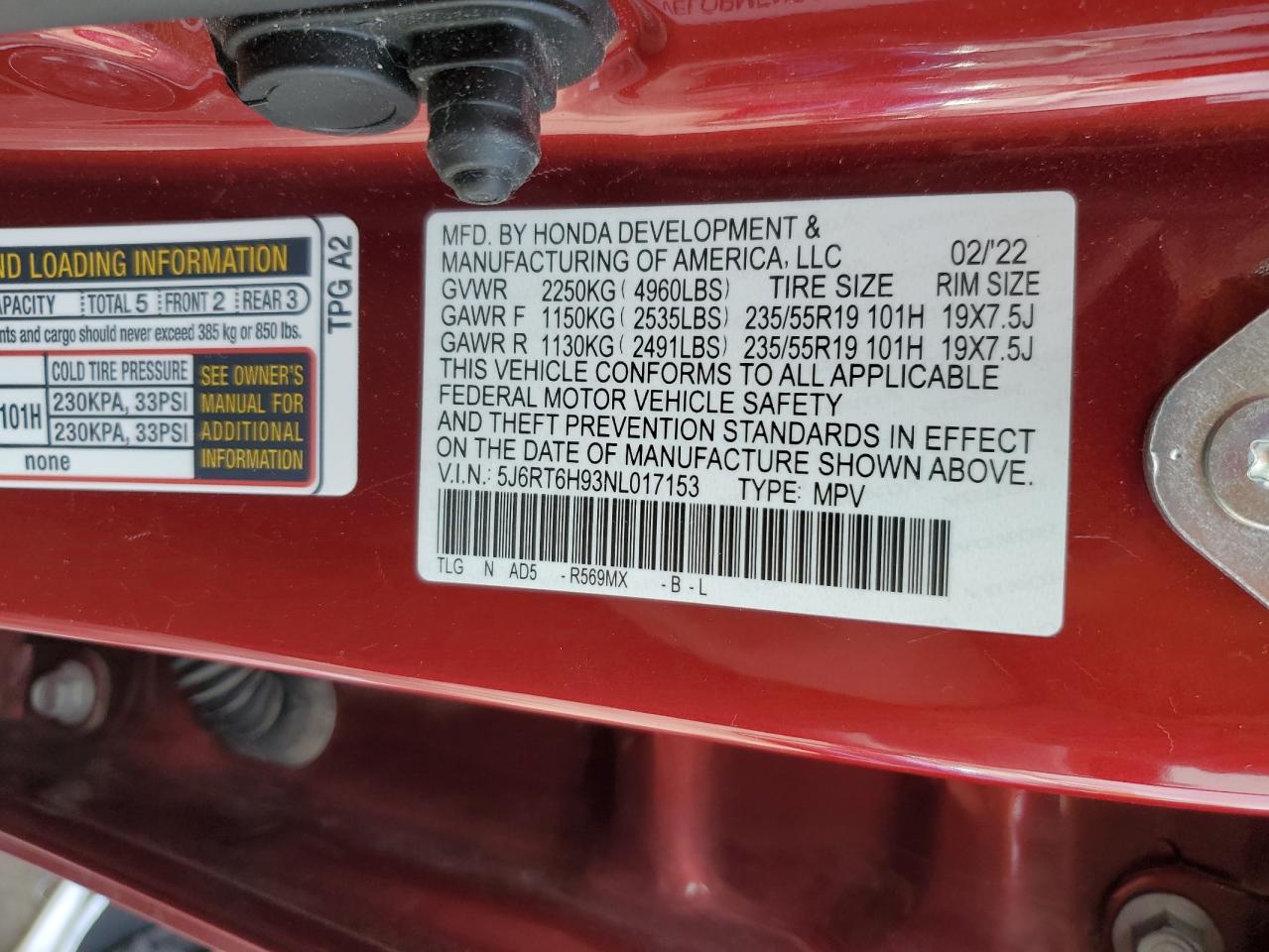 2022 HONDA CR-V TOURING VIN:5J6RT6H93NL017153