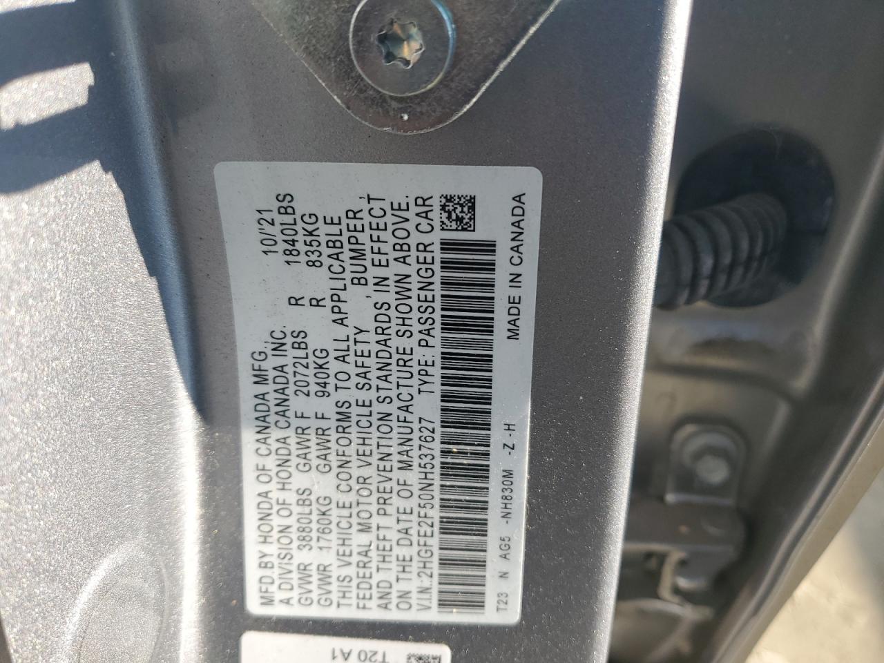 2022 HONDA CIVIC SPORT VIN:2HGFE2F50NH537627