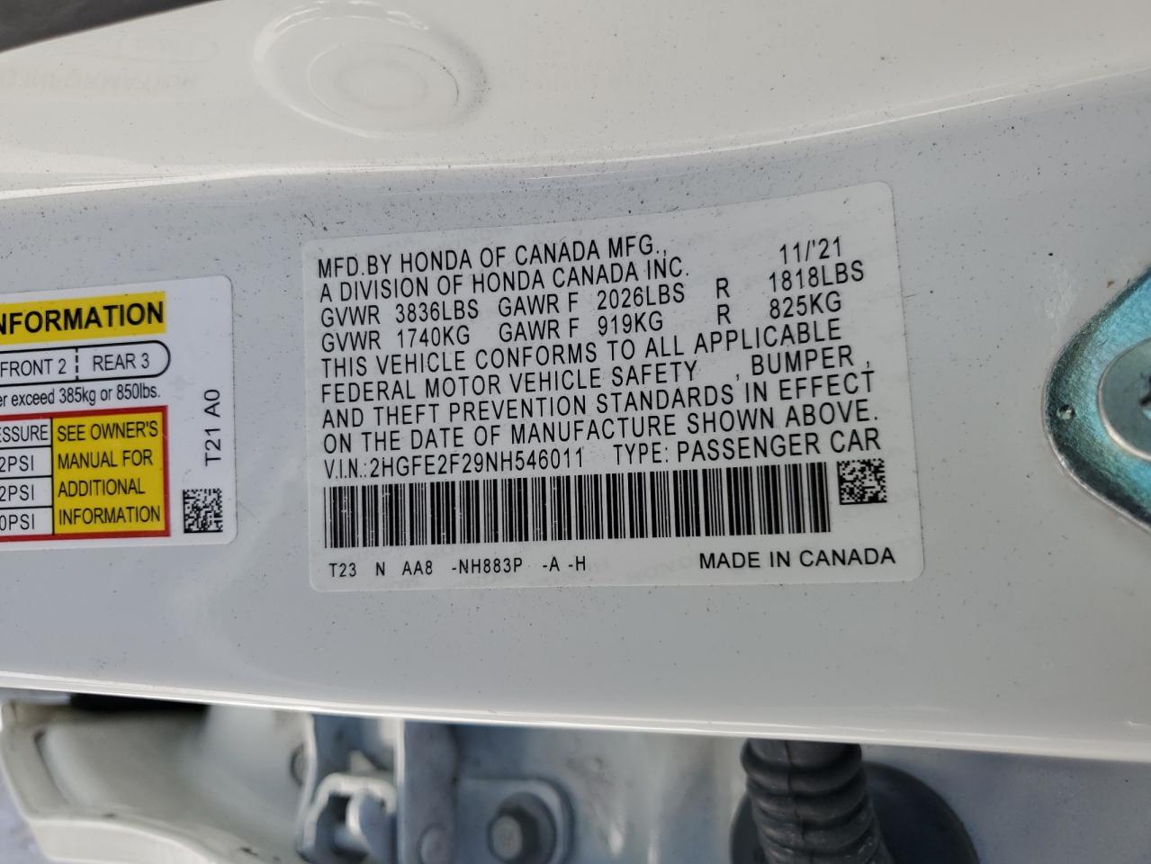 2022 HONDA CIVIC LX VIN:2HGFE2F29NH546011