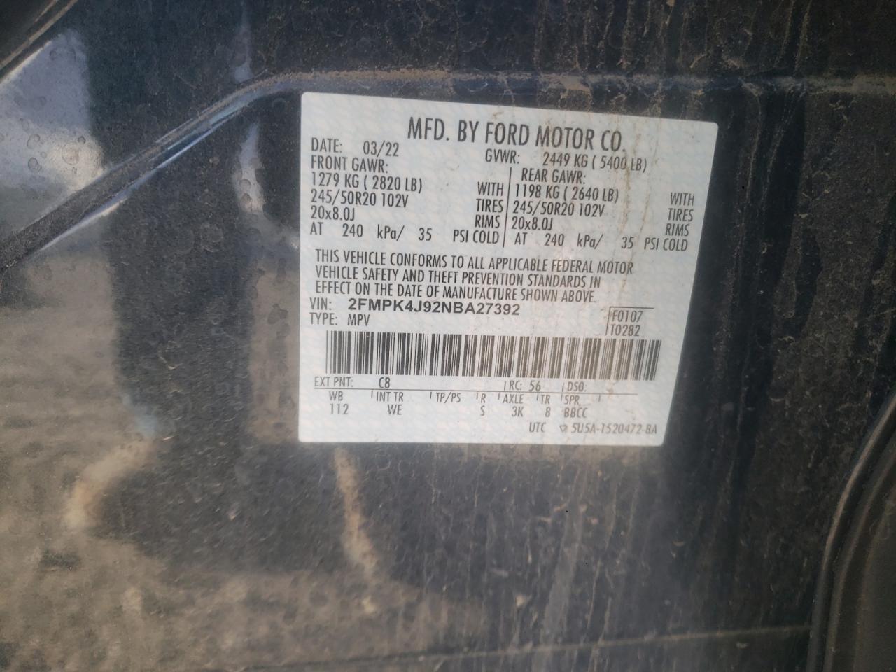 2022 FORD EDGE SEL VIN:2FMPK4J92NBA27392