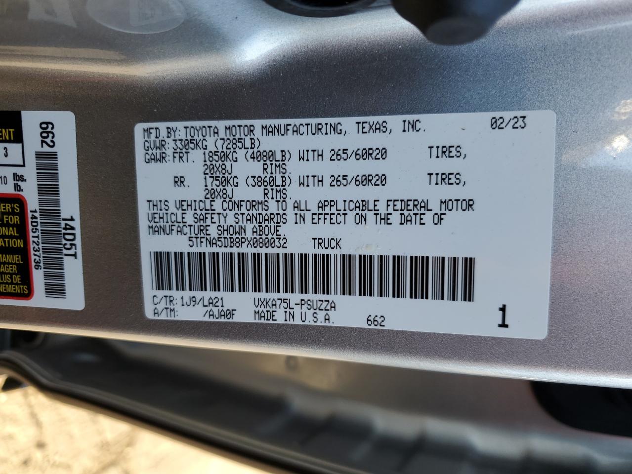 2023 TOYOTA TUNDRA CREWMAX PLATINUM VIN:5TFNA5DB8PX080032