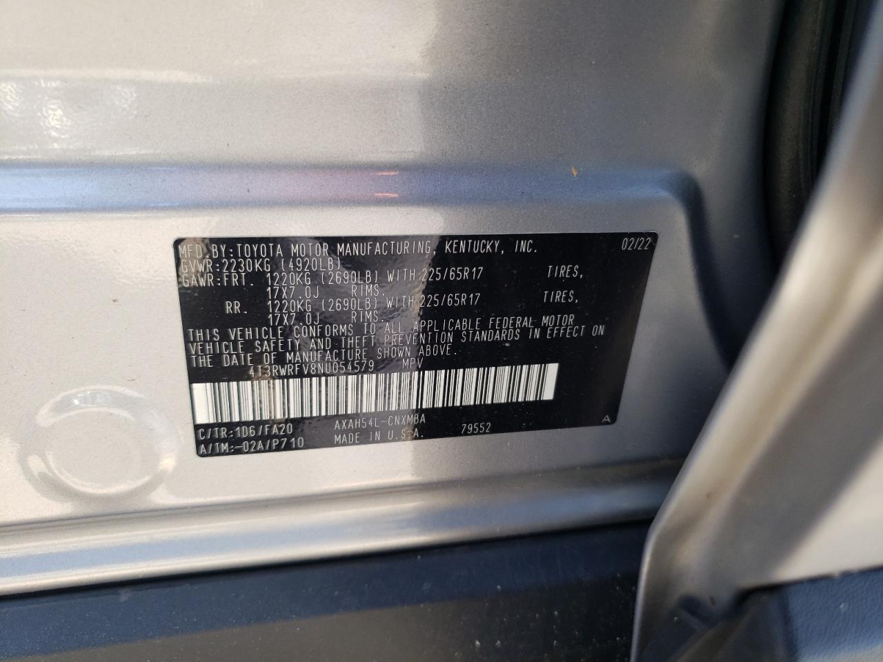 2022 TOYOTA RAV4 XLE VIN:4T3RWRFV8NU054579