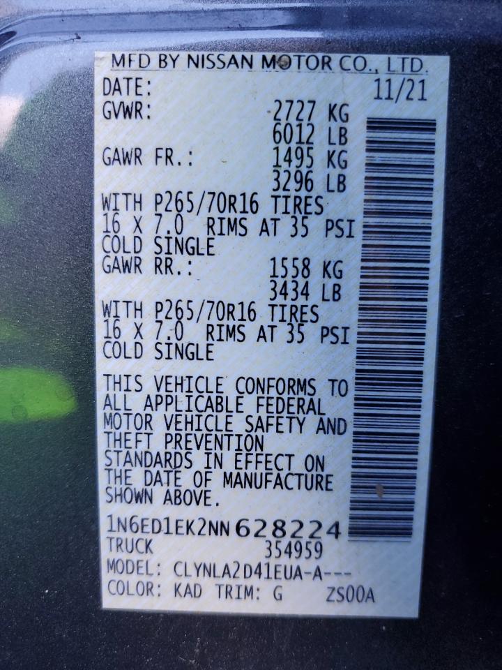 2022 NISSAN FRONTIER S VIN:1N6ED1EK2NN628224