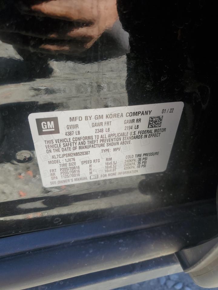 2022 CHEVROLET TRAX 1LT VIN:KL7CJPSM2NB520387