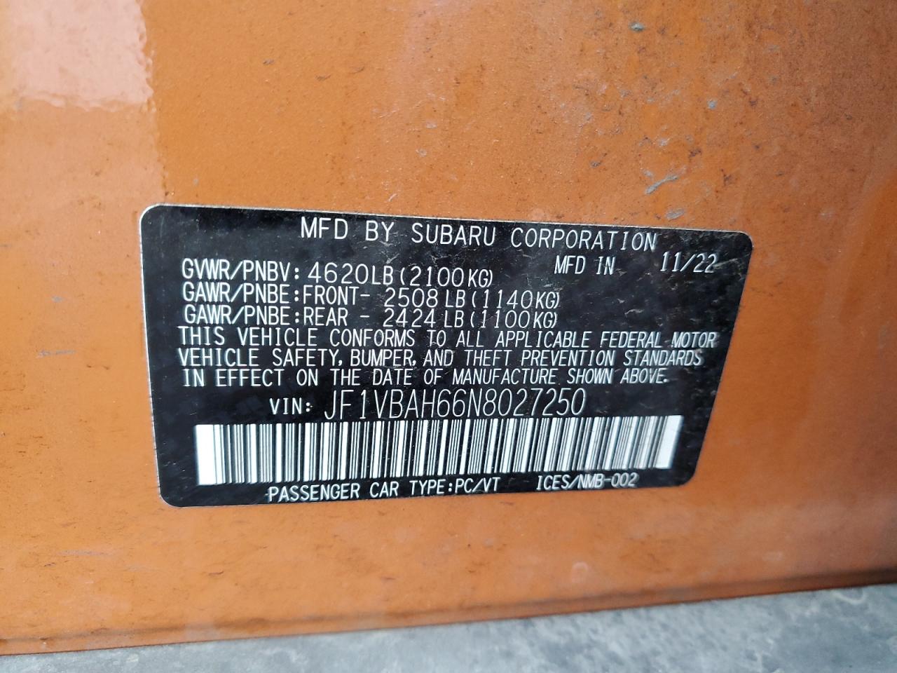 2022 SUBARU WRX PREMIUM VIN:JF1VBAH66N8027250