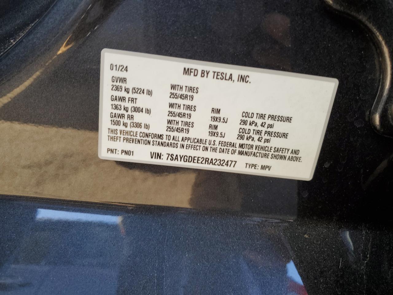 2024 TESLA MODEL Y VIN:7SAYGDEE2RA232477