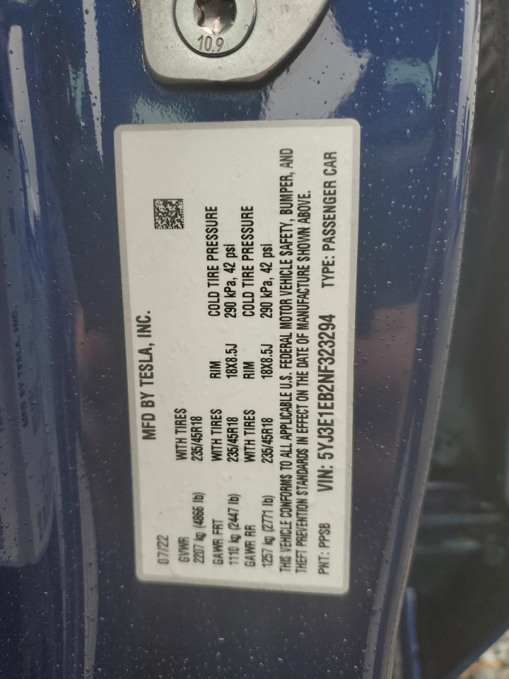 2022 TESLA MODEL 3 VIN:5YJ3E1EB2NF323294