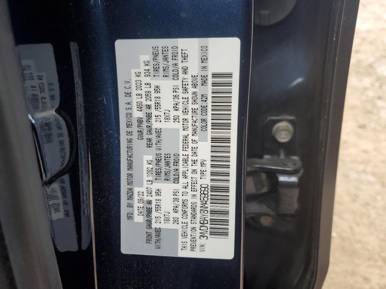 2022 MAZDA CX-30 VIN:3MVDMBAY8NM459690