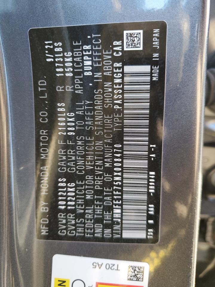 2022 HONDA CIVIC EX VIN:JHMFE1F75NX008470