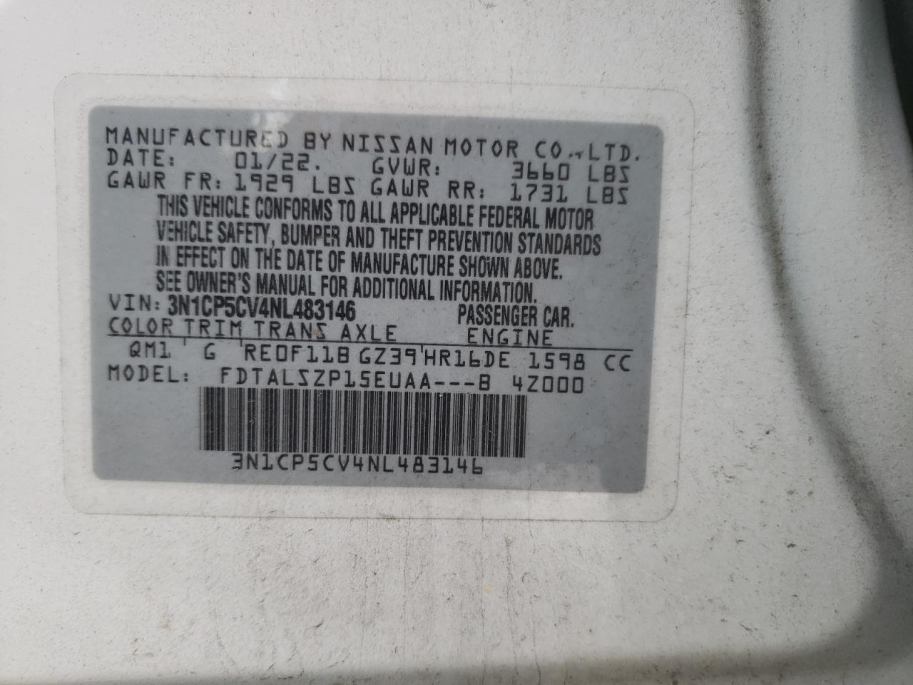 2022 NISSAN KICKS SV VIN:3N1CP5CV4NL483146