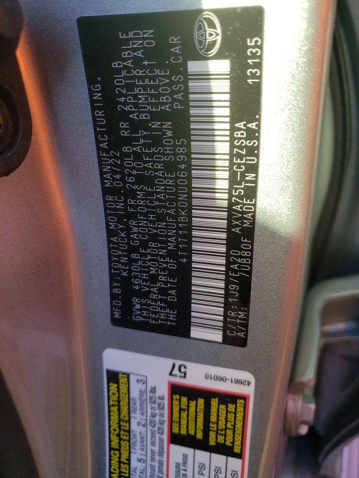 2022 TOYOTA CAMRY SE VIN:4T1T11BK0NU064985