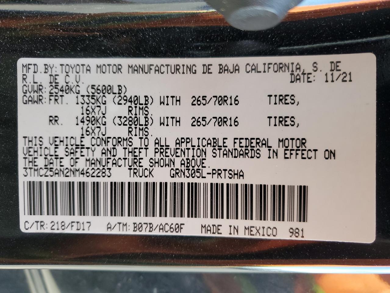 2022 TOYOTA TACOMA DOUBLE CAB VIN:3TMCZ5AN2NM462283