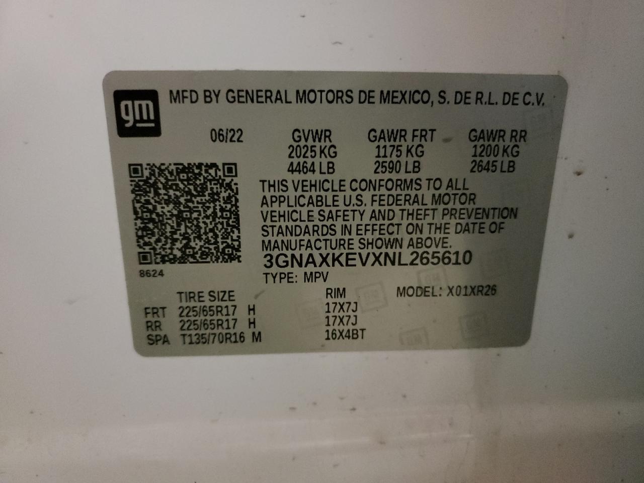 2022 CHEVROLET EQUINOX LT VIN:3GNAXKEVXNL265610