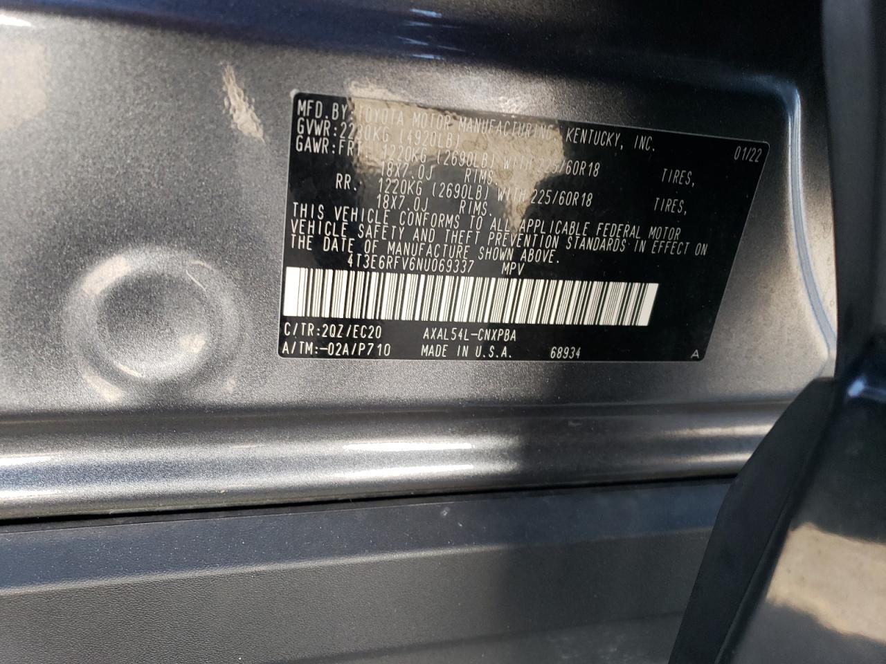 2022 TOYOTA RAV4 XSE VIN:4T3E6RFV6NU069337