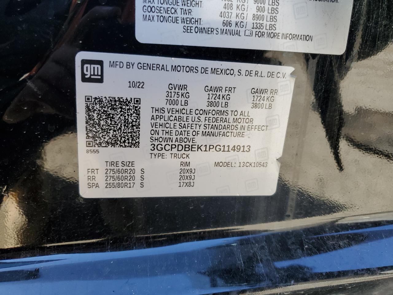 2023 CHEVROLET SILVERADO K1500 CUSTOM VIN:3GCPDBEK1PG114913