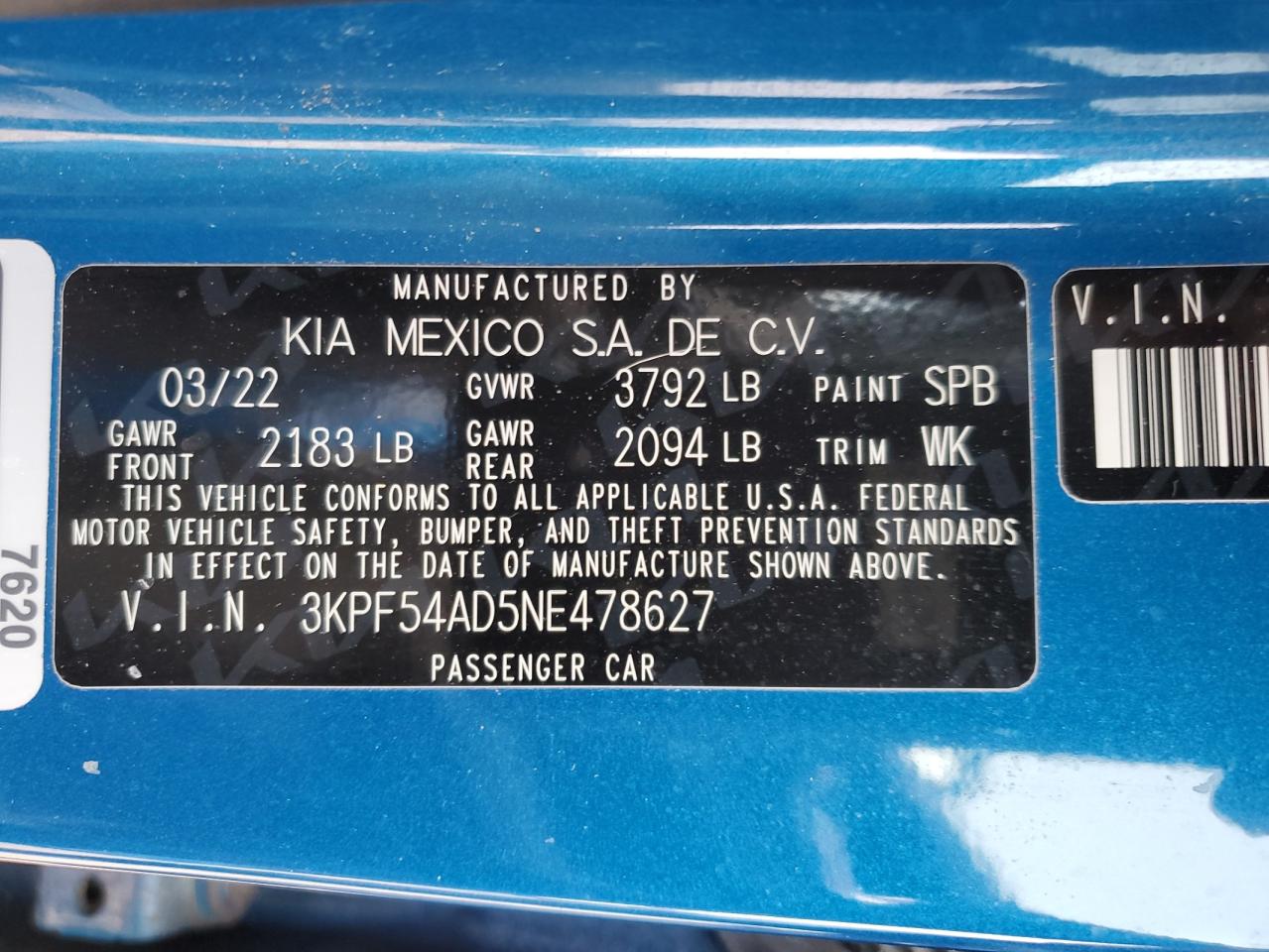 2022 KIA FORTE GT LINE VIN:3KPF54AD5NE478627