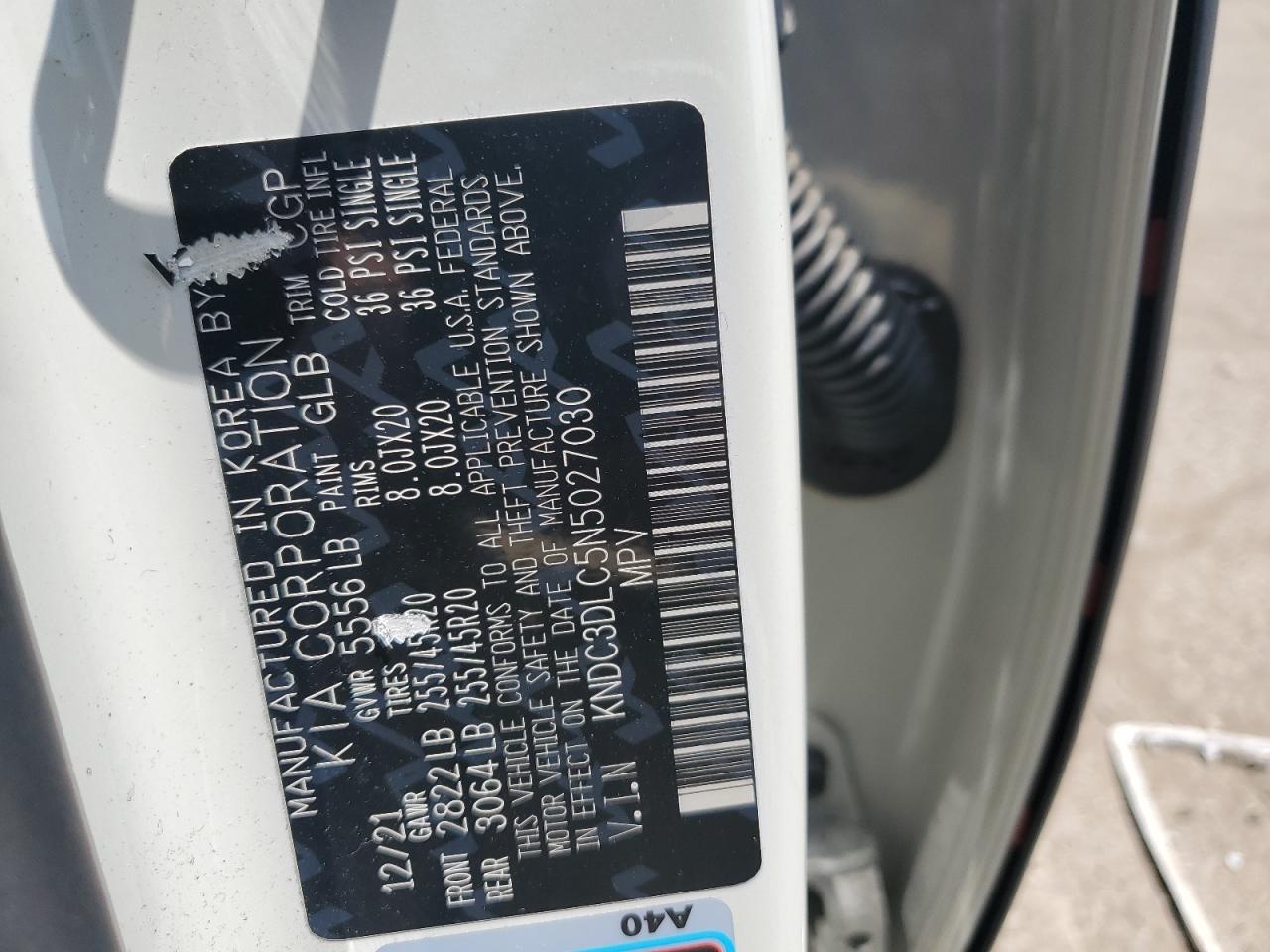 2022 KIA EV6 LIGHT VIN:KNDC3DLC5N5027030