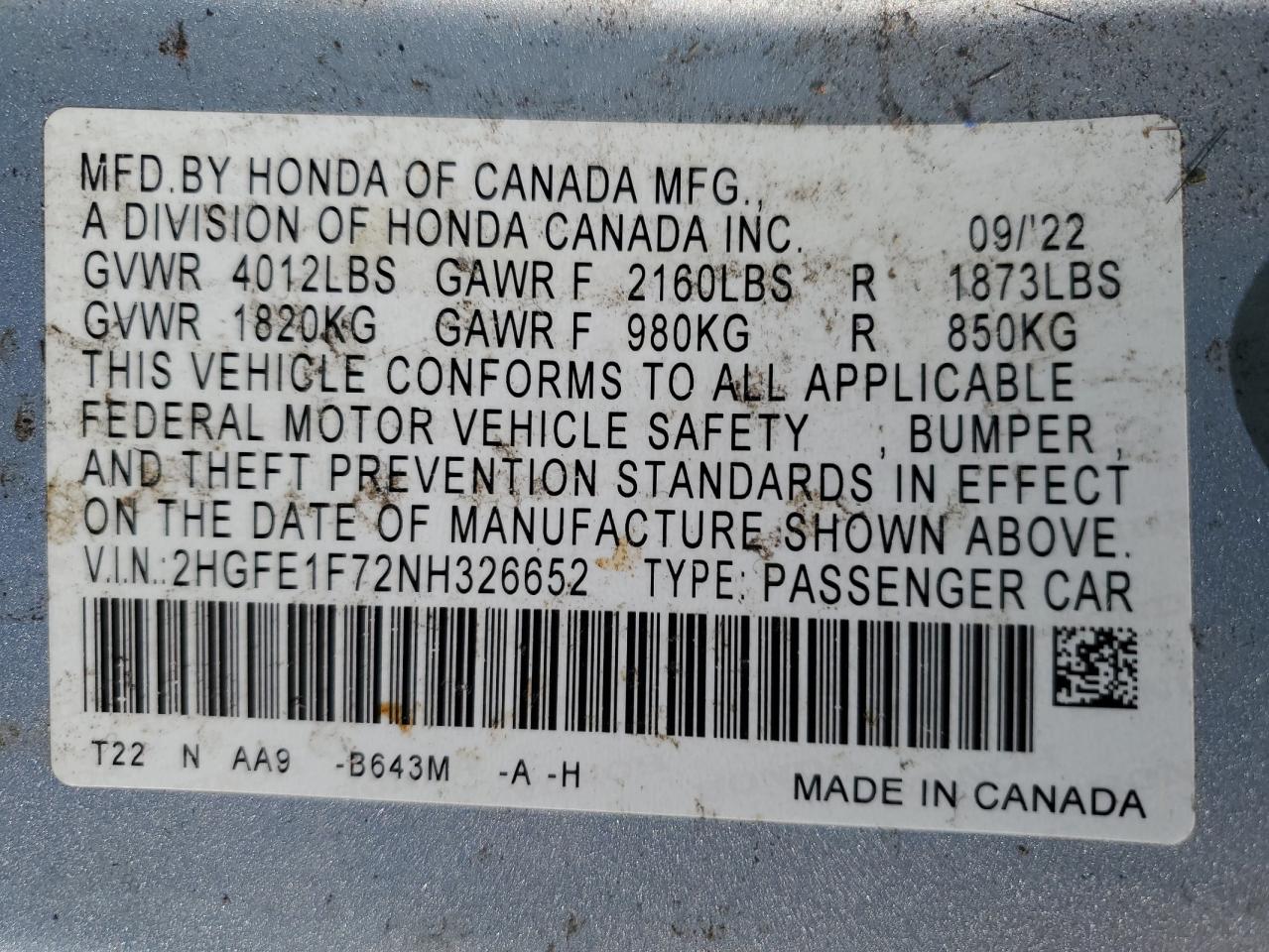 2022 HONDA CIVIC EX VIN:2HGFE1F72NH326652
