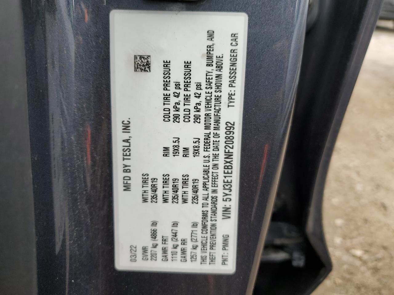 2022 TESLA MODEL 3 VIN:5YJ3E1EBXNF208992