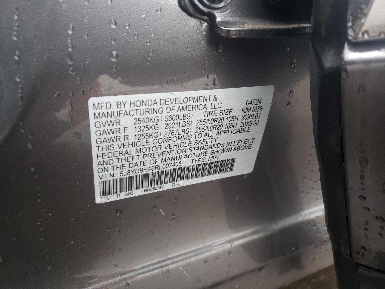 2024 ACURA MDX TECHNOLOGY VIN:5J8YD9H46RL007406