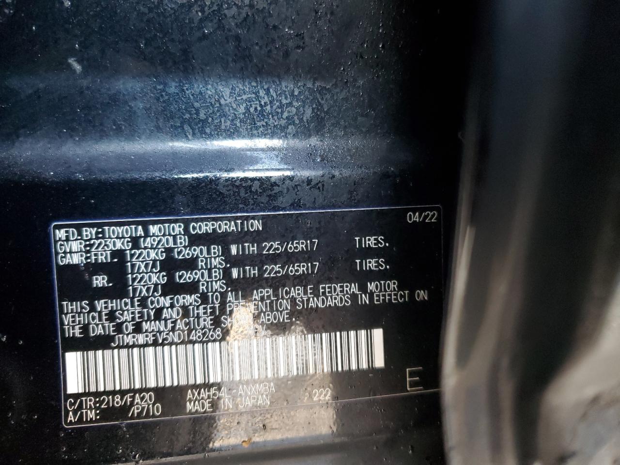 2022 TOYOTA RAV4 XLE VIN:JTMRWRFV5ND148268