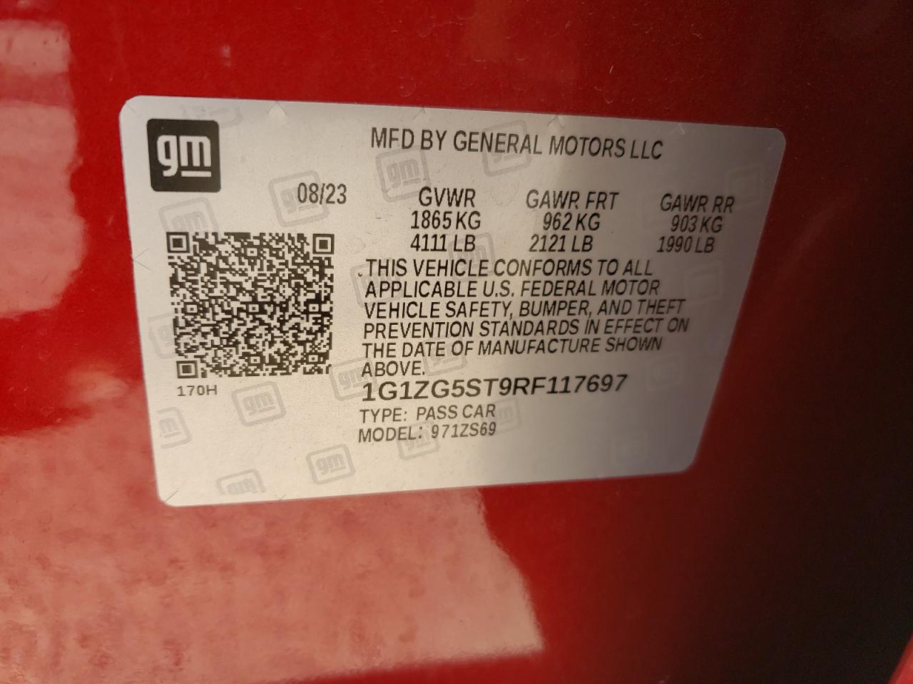 2024 CHEVROLET MALIBU RS VIN:1G1ZG5ST9RF117697