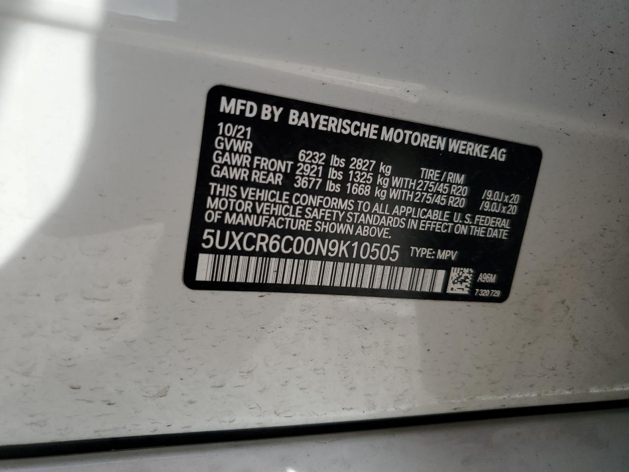 2022 BMW X5 XDRIVE40I VIN:5UXCR6C00N9K10505