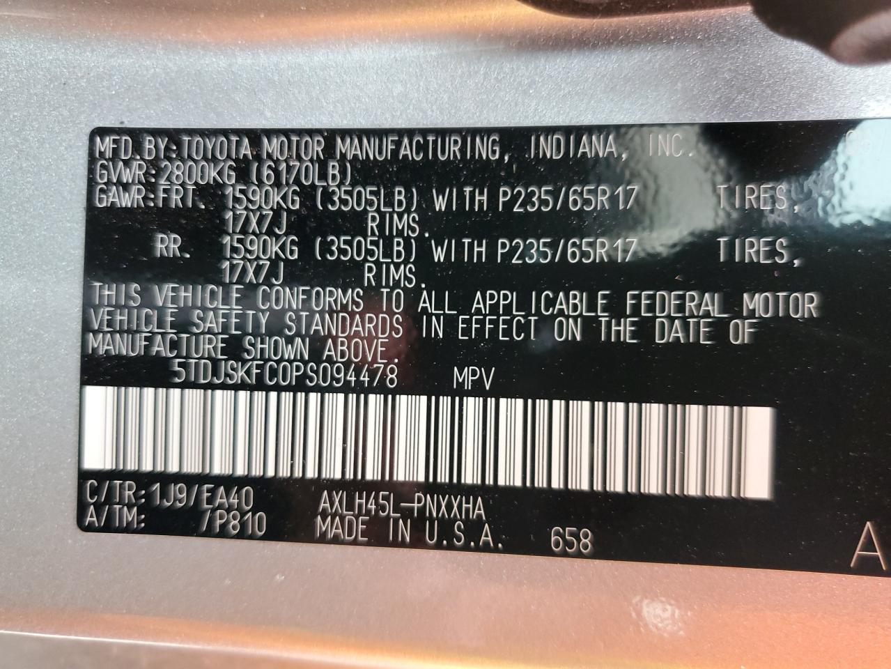 2023 TOYOTA SIENNA XLE VIN:5TDJSKFC0PS094478