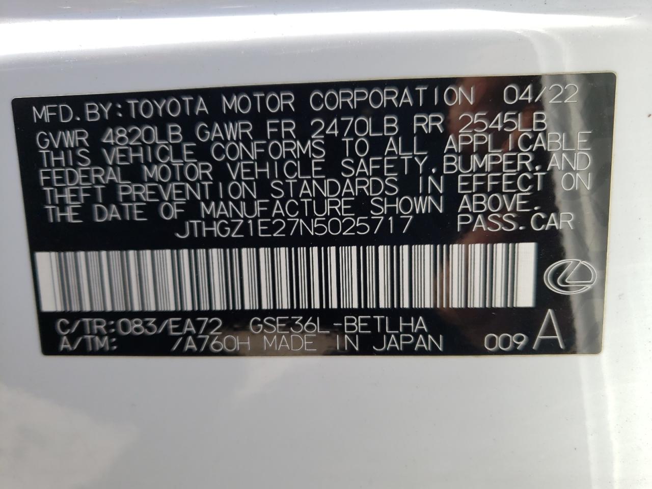 2022 LEXUS IS 350 F SPORT VIN:JTHGZ1E27N5025717