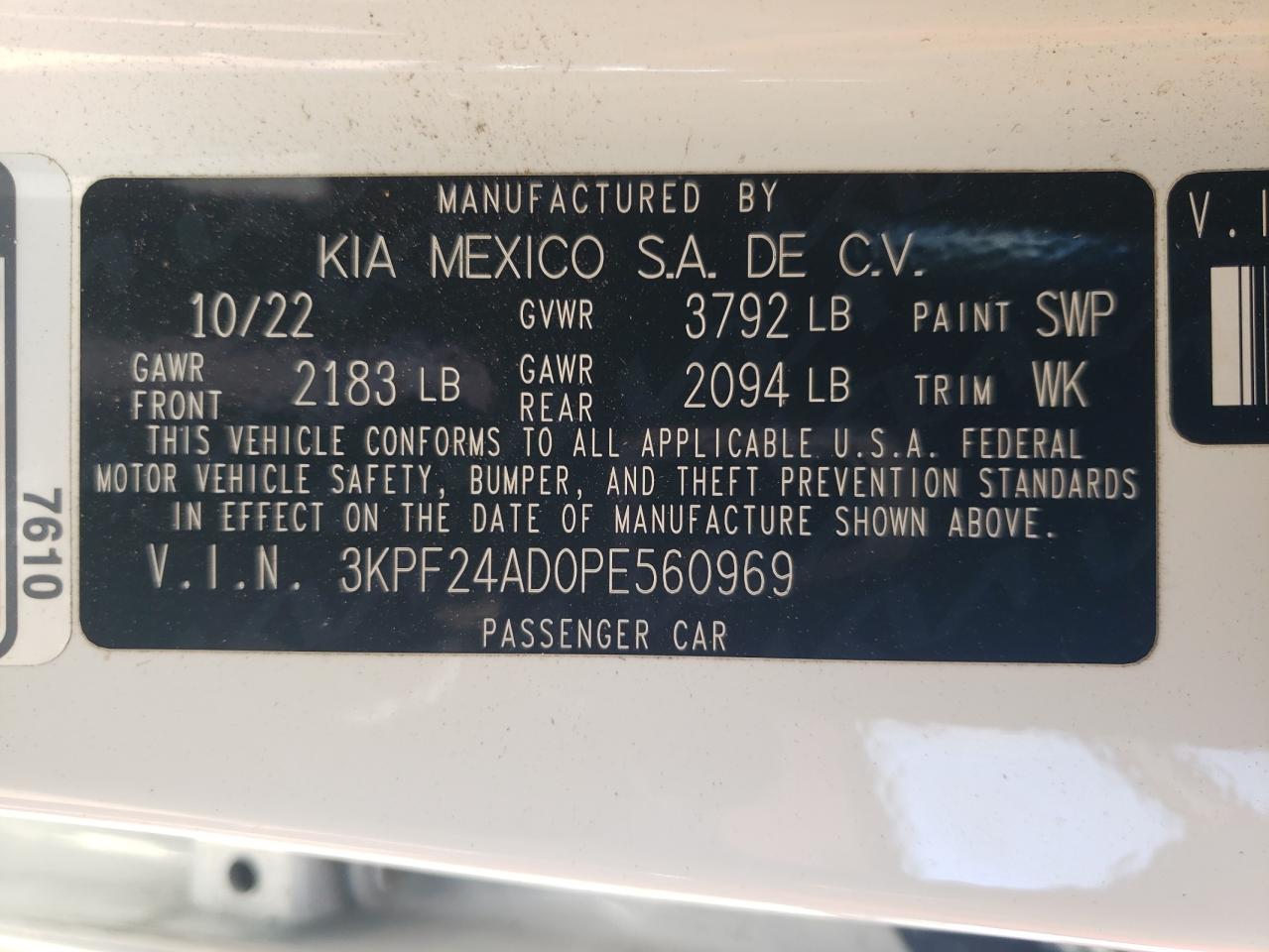 2023 KIA FORTE LX VIN:3KPF24AD0PE560969