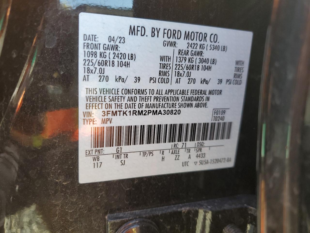 2023 FORD MUSTANG MACH-E SELECT VIN:3FMTK1RM2PMA30820