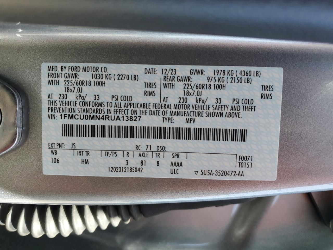 2024 FORD ESCAPE ST LINE VIN:1FMCU0MN4RUA13827