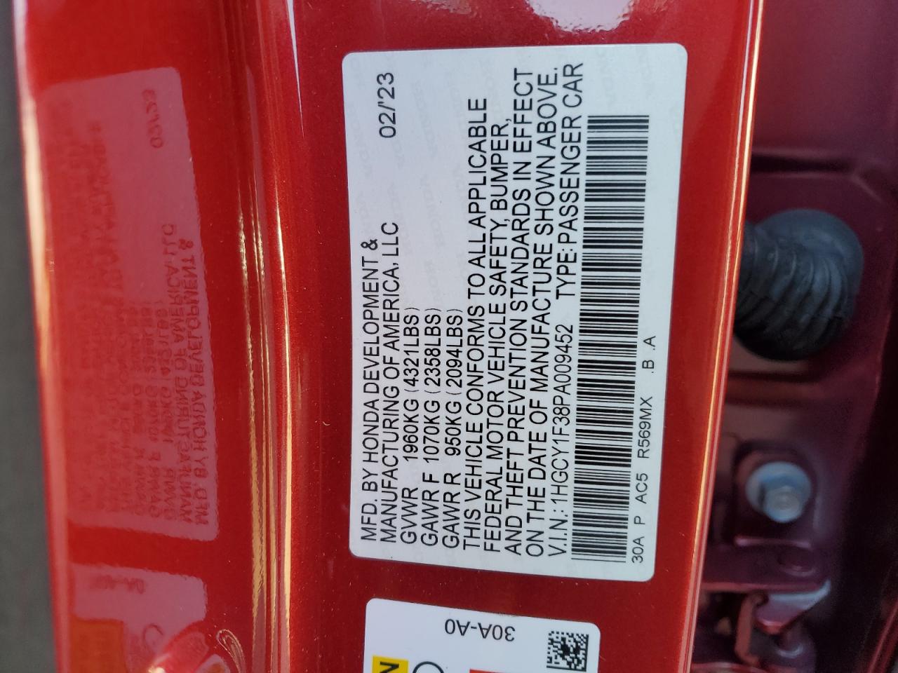 2023 HONDA ACCORD EX VIN:1HGCY1F38PA009452