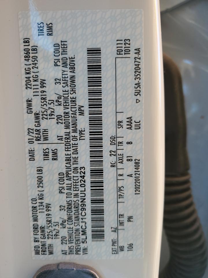 2022 LINCOLN CORSAIR VIN:5LMCJ1C99NUL02423