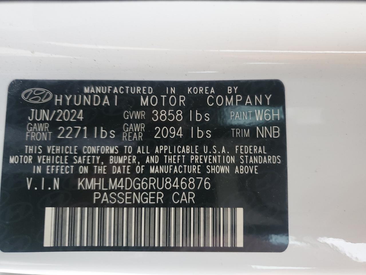 2024 HYUNDAI ELANTRA SEL VIN:KMHLM4DG6RU846876