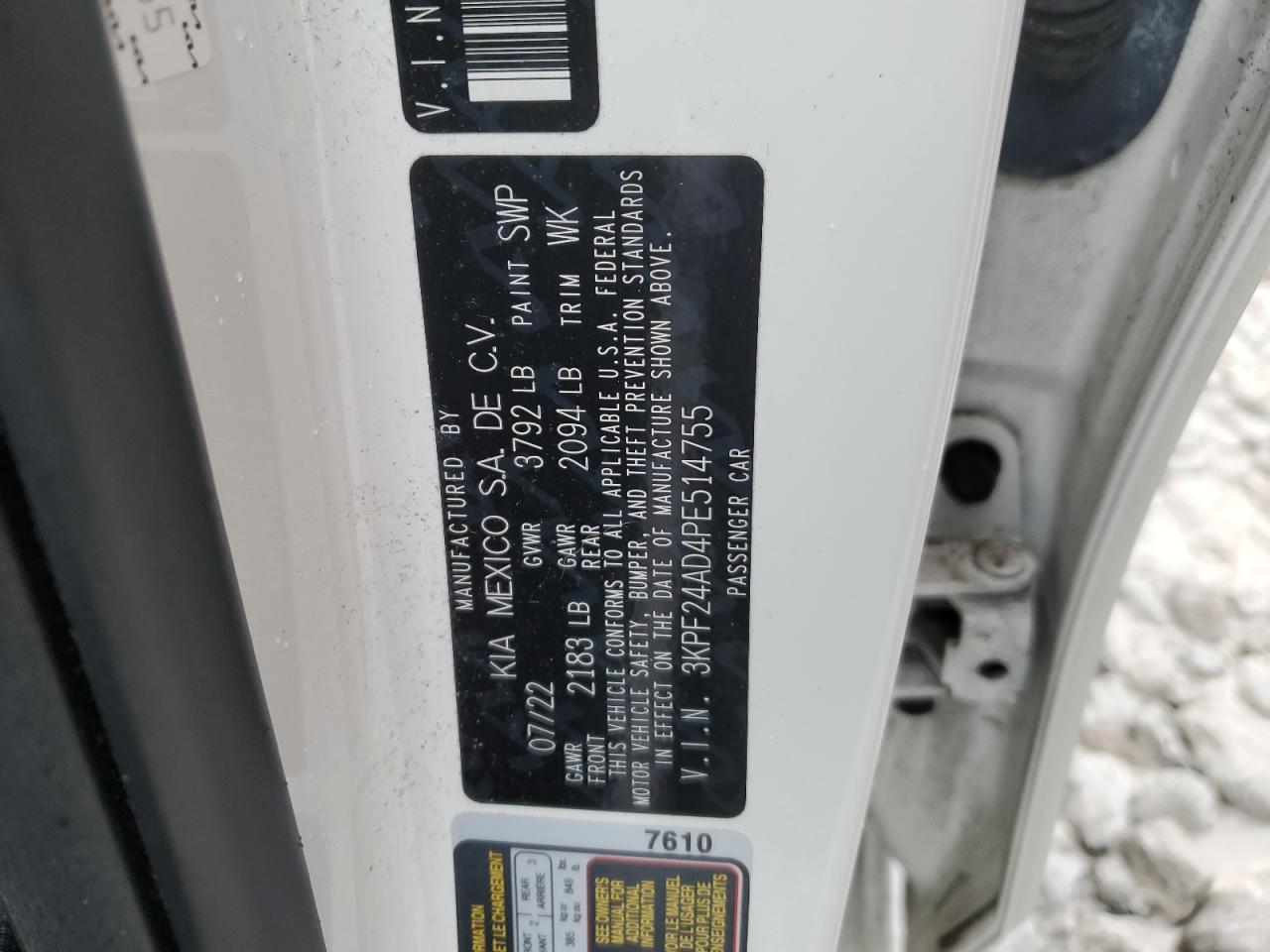 2023 KIA FORTE LX VIN:3KPF24AD4PE514755