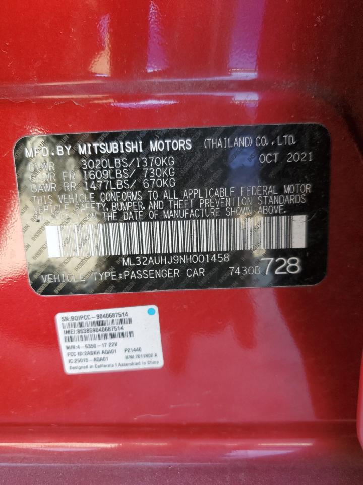 2022 MITSUBISHI MIRAGE ES VIN:ML32AUHJ9NH001458