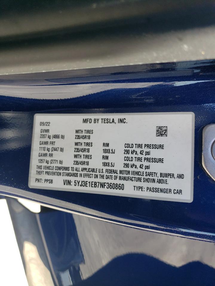 2022 TESLA MODEL 3 VIN:5YJ3E1EB7NF360860