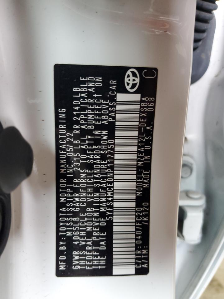 2022 TOYOTA COROLLA SE VIN:5YFS4MCE0NP117750