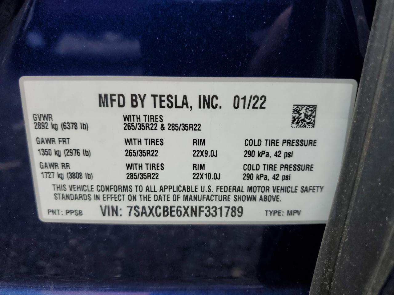 2022 TESLA MODEL X VIN:7SAXCBE6XNF331789