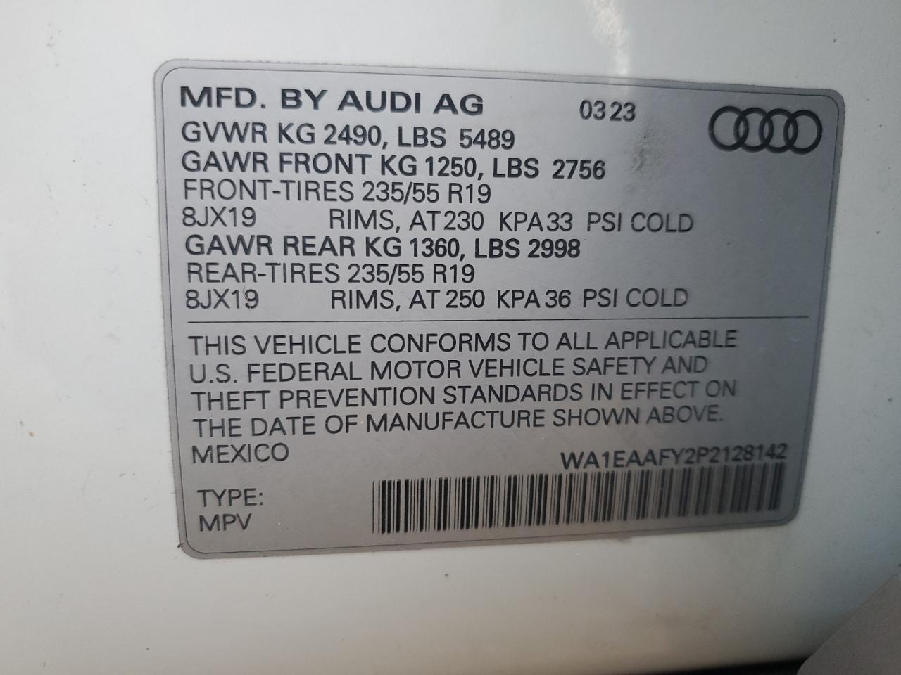 2023 AUDI Q5 PREMIUM PLUS 45 VIN:WA1EAAFY2P2128142